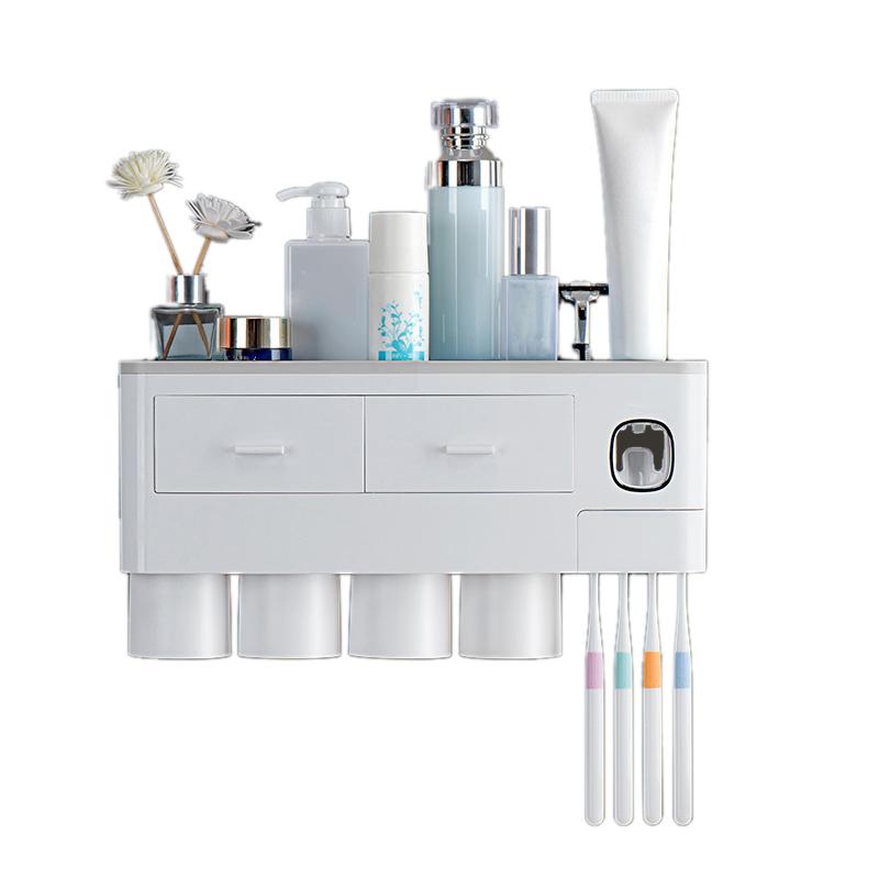 Wall Mounted Toothbrush Holder Multi Function Magnetic Absorption Bathroom Storage Rack with Drawer Toothpaste