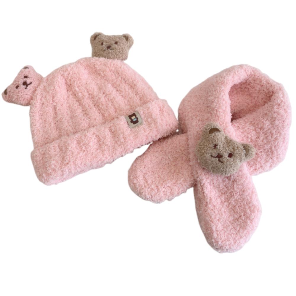 Korean Style Bear Scarf Hat Set Cute Kids Crochet Hat Children's Ear Protection Hat  Outdoor