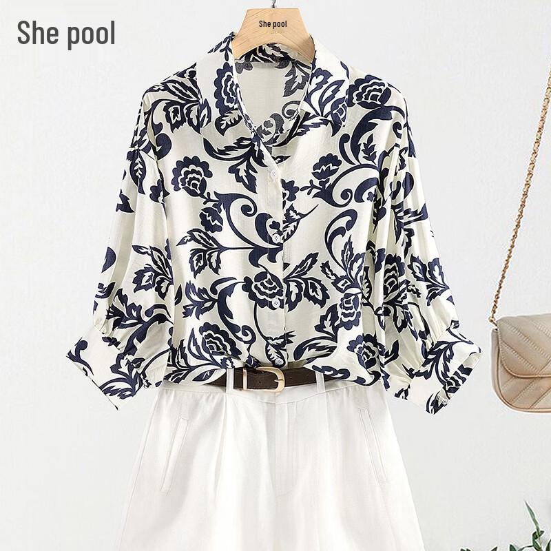 Shechi Women s Color Block Print Loose Button-Up Shirt One Size