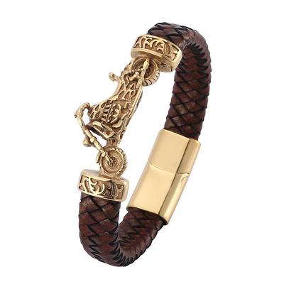 Vintage Punk Style Men's Bracelet Genuine Leather Gold Color Motorcycle Stainless Steel Bracelets Men Jewelry