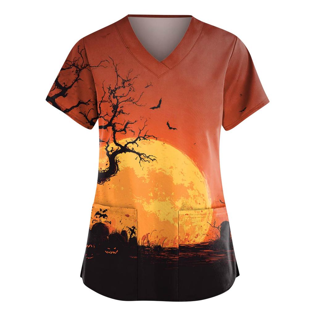 Women's Fashion V-Neck Short Sleeve Overalls With Pockets Halloween Printed Tops  Apparel