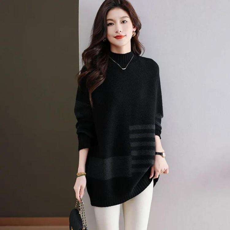 

Autumn Winter Sweater for Women Warm Knitted Pullover Thickened Oversize Jumper Stretchy Long Sleeve Tops L чорний