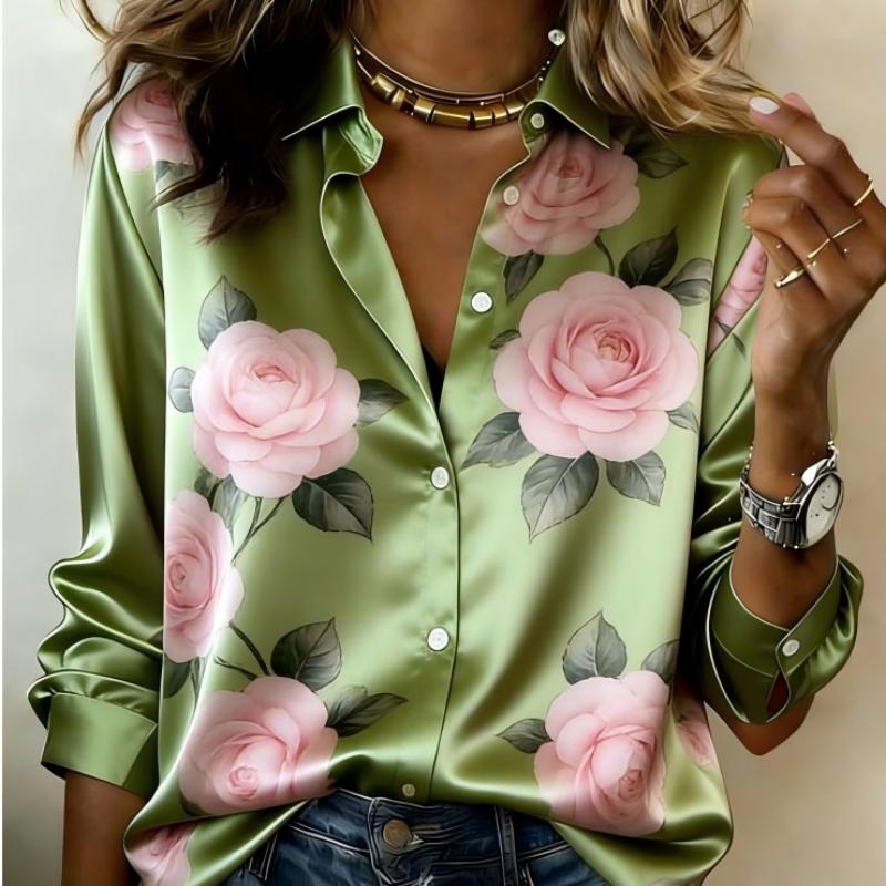 Women Satin Big Floral Realistic Print Shirt Long Sleeve Lapel Button‑Down Blouse Elegant Vacation Office Casual Ladies Multi‑Color Top