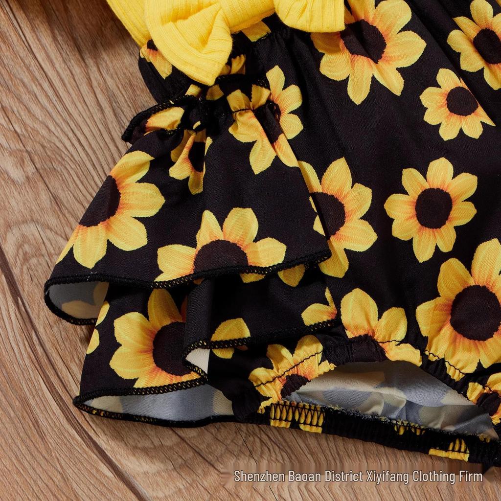 Prinsess-stil Baby Sommaroverall Set: Triangelbody, Tröja att dra över huvudet, Puffbyxor, Kjola