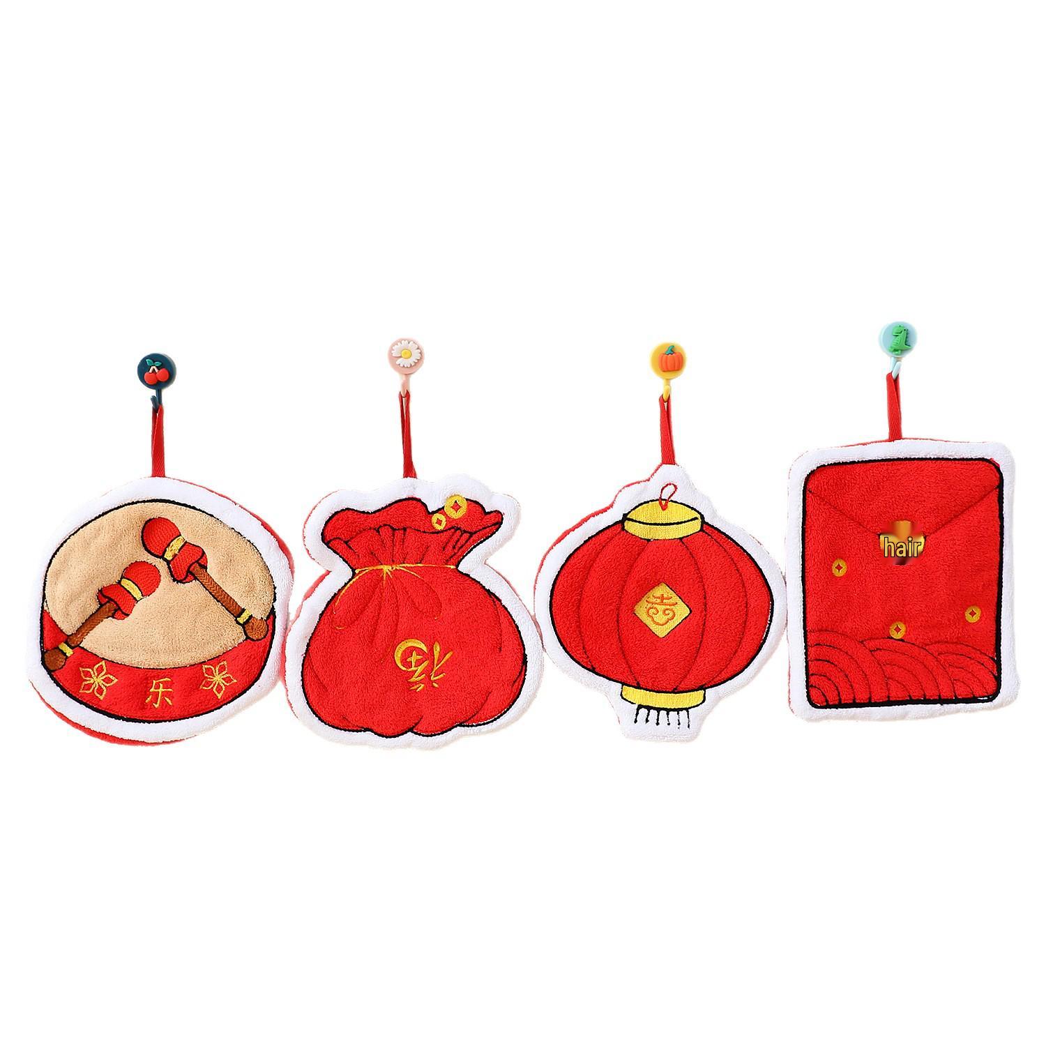 Spring & Christmas Festival Cute Hanging Coral Fleece Hand Towels - Water-Absorbent Towels for Bathroom & Kitchen Fortune Bag