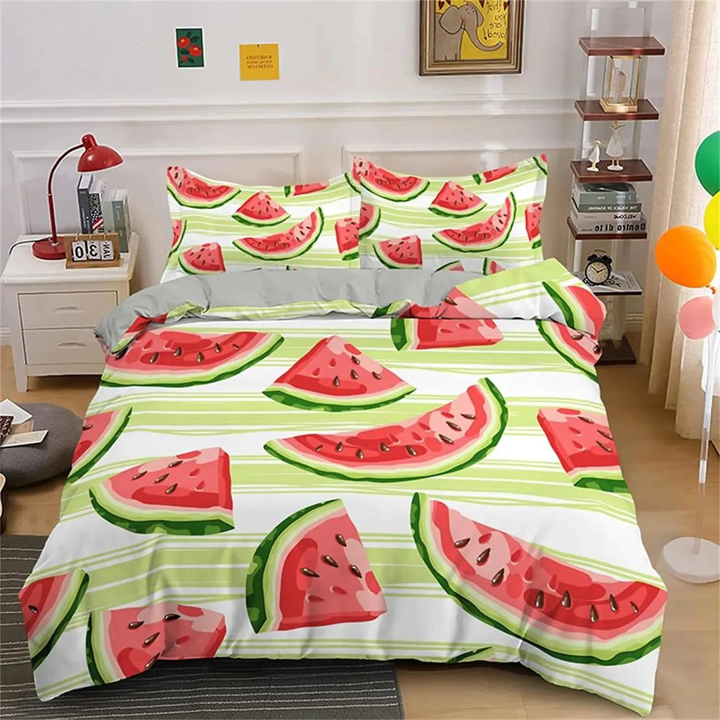 Watermelon Duvet Cover Set Green and Red Colour Polyester Comforter Cover King Queen Full Size for Kids Teens Adults Bedding Set