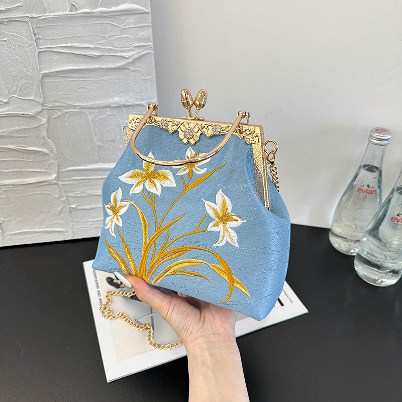 

Вышитая парусиновая сумка женская осенняя новая нишевая дизайнерская сумка-мессенджер на цепочке портативная золотая сумка синий
