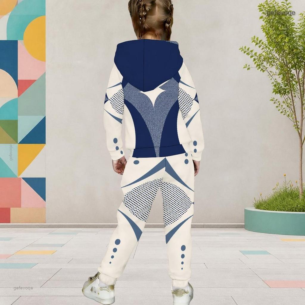 Girls Abstract Printed Hooded Long Sleeve Kangaroo Pocket Top Cuffed Pants Two Piece Set