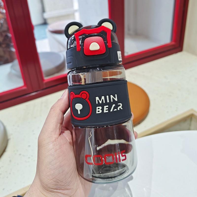 Garrafa de Água Fofa de Urso para Crianças com Canudo 500ml Copo de Plástico Portátil Estudantes Material de PC Livre de BPA Tampa Flip à Prova de Vazamentos