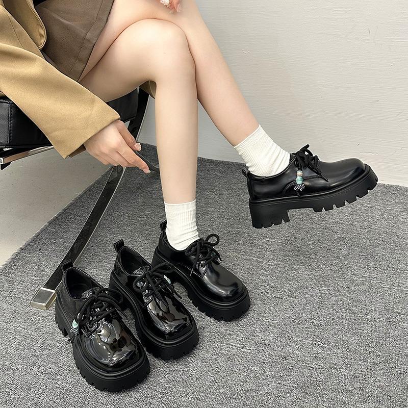 Thick-soled Women's Autumn New Black Small Leather Shoes Women's Height Increase Versatile Beaded Shoes