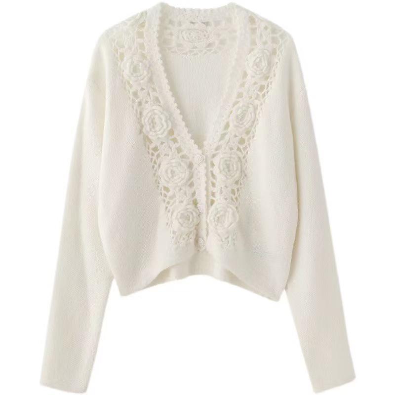 Korean Style 3D Rose V-Neck Wool Cardigan Sweater for Women