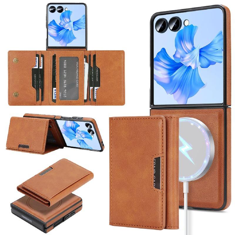 Samsung Z Flip7 Wireless Charging Phone Case with Magnetic Tri-fold Card Holder, Leather Sticker, Velvet Inner, 6-Level Protection.