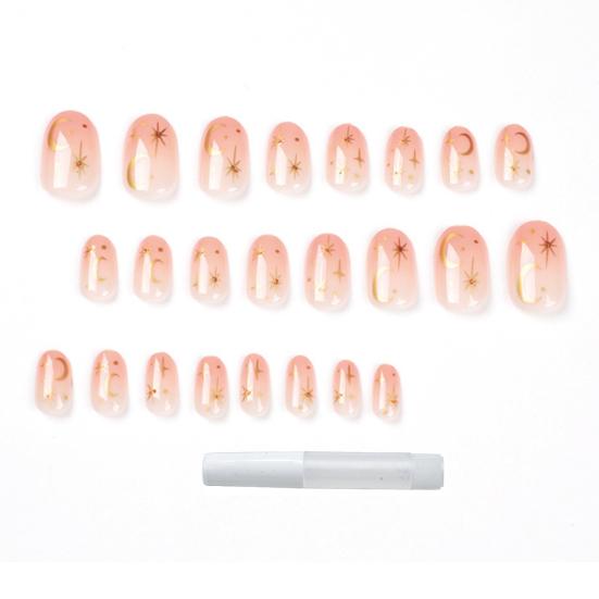 

24 шт./набор накладных ногтей с клеем, золотистая звезда, луна, короткие, квадратные, глянцевые, сделай сам, полное покрытие, женские, для девочек, салон, домашнее использование розовый