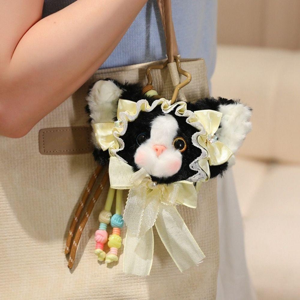 Bow Decor Cat Keychain Vintage Bag Charm Romantic Plush Doll  Key Decoration