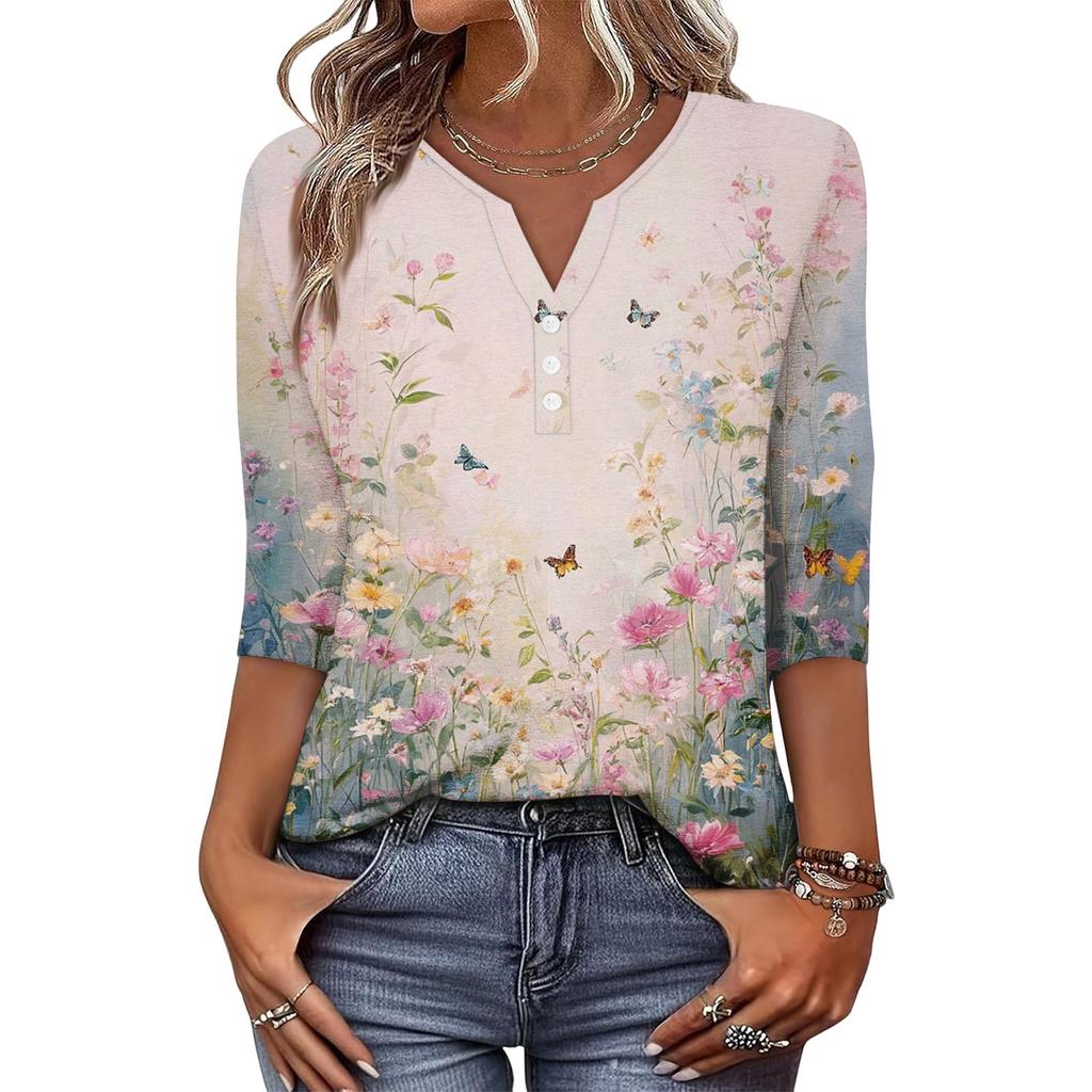 Women's Fashionable Casual Retro Floral Print V-Neck Button-Down Three-Quarter Sleeve T-Shirt Top