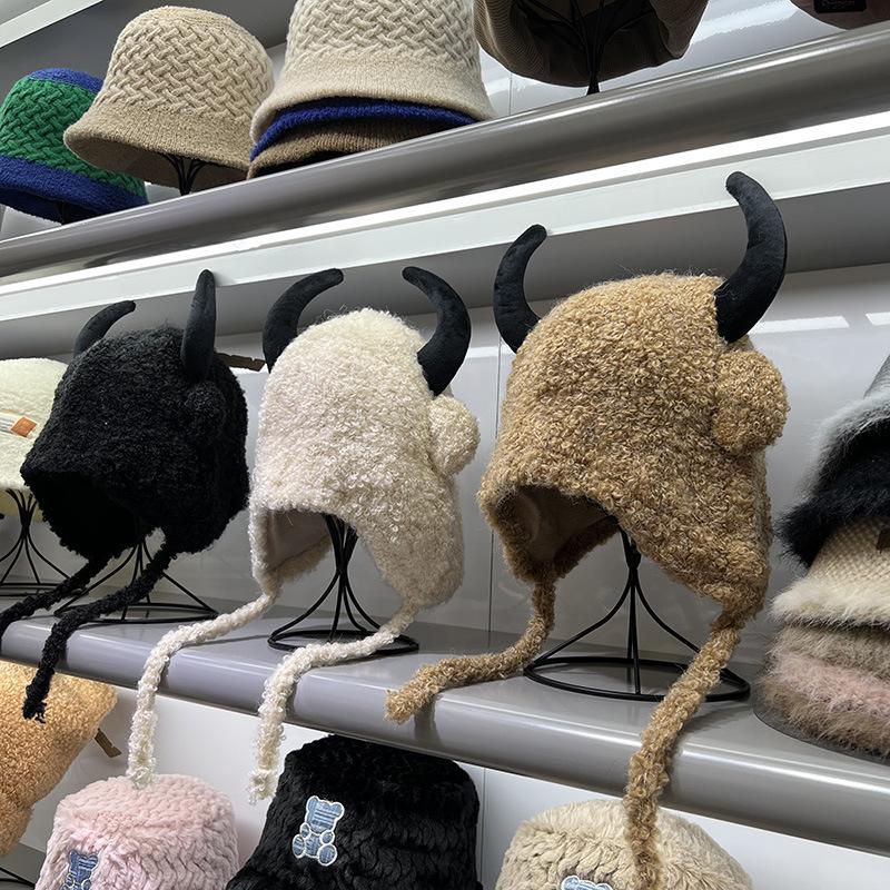 

Cute personality long horn imitation lamb wool ear protector pullover hat winter men s and women s velvet warm new model M（56-58cm） верблюд