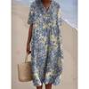 Women Floral Print Maxi Dress Colorful V Neck Short Sleeve Loose Casual Summer Beach Dress Vacation Workout Wear
