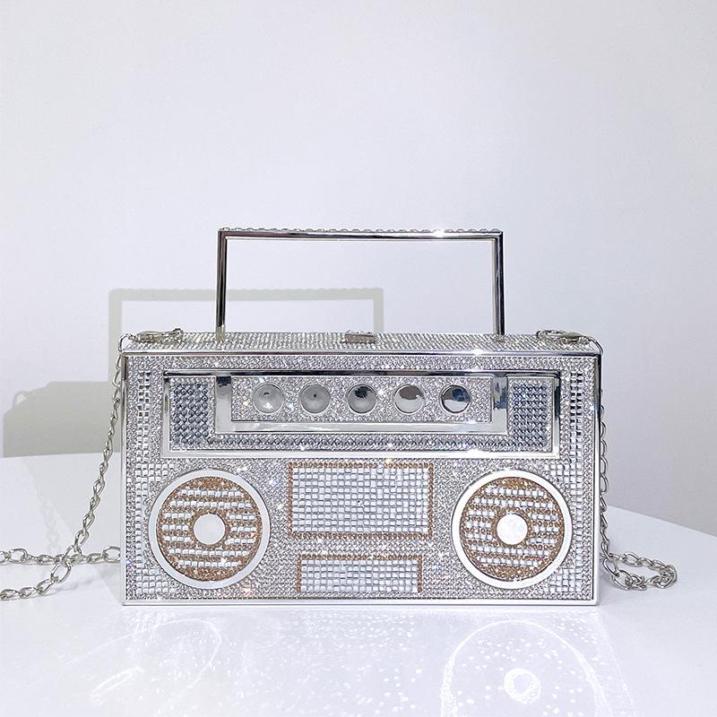 2024 Luxury Designer Full Diamond Evening Clutch Bag Ladies 3D Rhinestone Radio Handbag Fashion Party Shiny Crystal Shoulder Bag