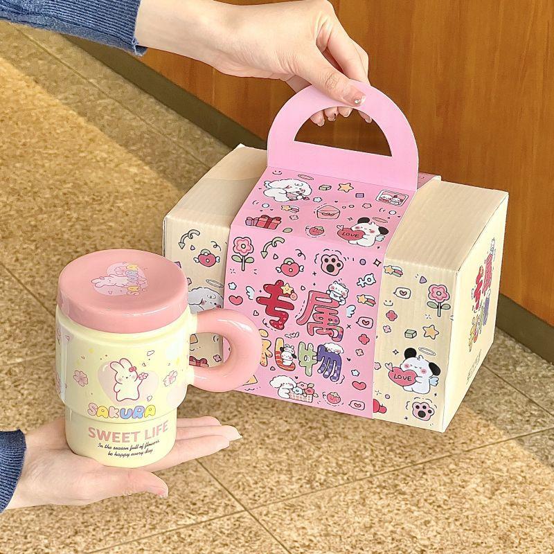 Cute Girl Cherry Blossom Rabbit Cup High-looking Ceramic Mug with Lid Spoon Office Breakfast Coffee Cup