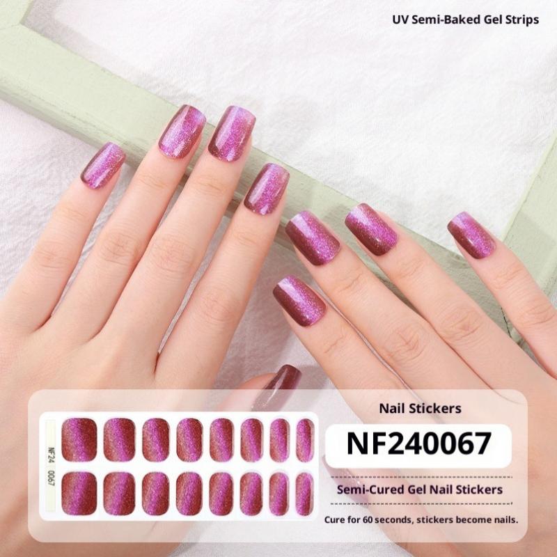 New Semi-cured Gel Nail Stickers, 16-finger Cat Eye Glitter UV Nail Stickers, Cured Under A UV Lamp.