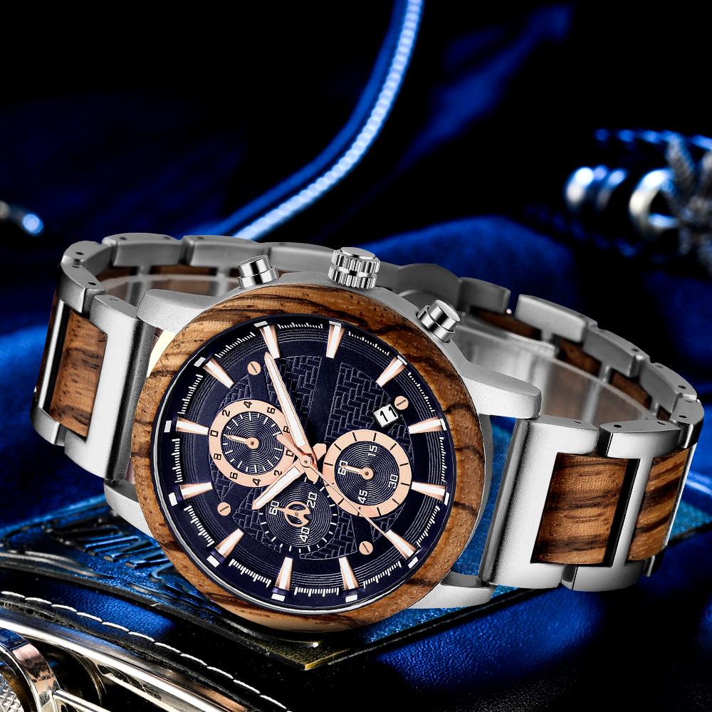 Alloy & Wood Combined Strap Watches Mens Multifunction Chronograph Quartz Calendar Watch Unique Steel Wooden Clock Male Reloj