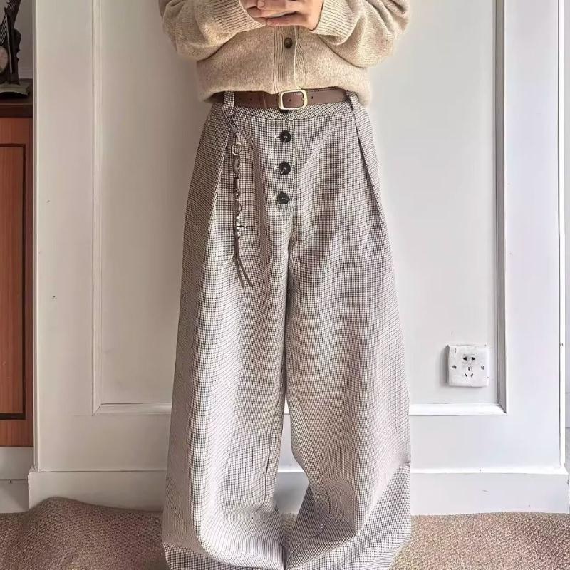 

Брюки А-силуэта в клетку «гусиная лапка» на пуговицах в стиле «старые деньги» для мужчин, осенние, американская высокая улица, ленивые, свободные, широкие штаны S небесно-голубой