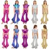 Kids Sparkly Rhinestone Ruffle Metallic Mock Neck Sleeveless Crop Top with Cross Waistband and Shiny Ruffles Flare Pants for Stage Dance Wear
