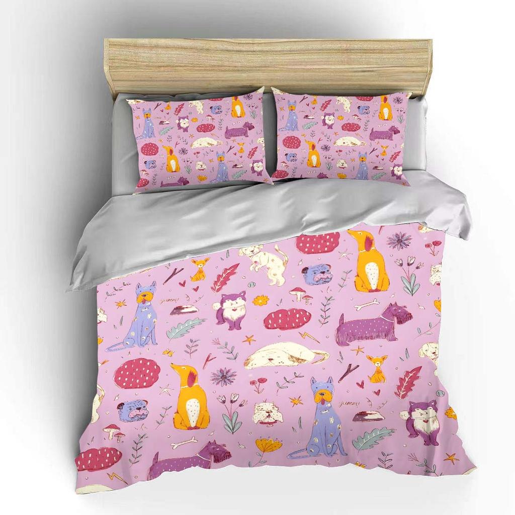 Cartoon-Hunde und Pflanzen bunter Hintergrund Bettwäsche-Set für Kinder Luxuriöses Geschenk 3-teiliges Digitaldruck-Bettdecken-Set Weich Bequem