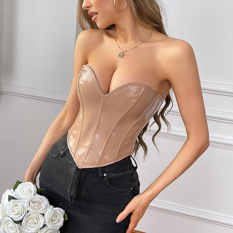 New Leather Fashion Shapewear Top Women's Sexy Skin Tone Body Show Corset