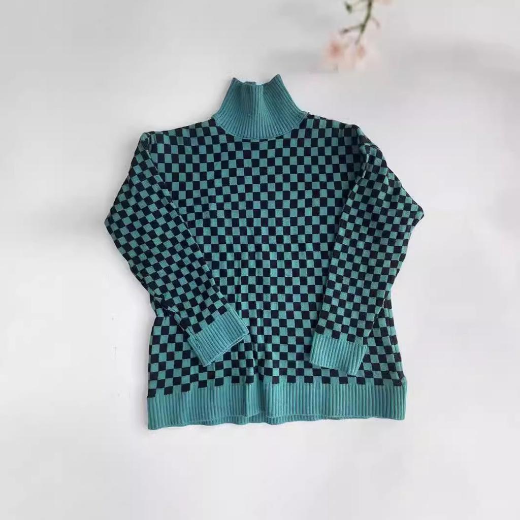 Women's Autumn and Winter Checkerboard Lapel Loose Knit Colour Block Sweater