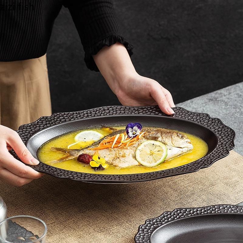 Black Honeycomb Textured Ceramic Fish Plate Creative Sushi Plate Barbecue Plate Salad Plates Restaurant Specialty Tableware