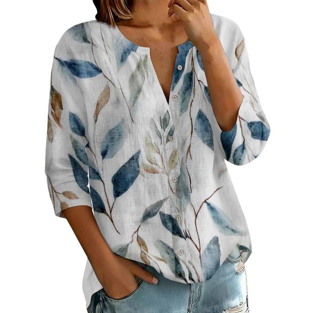 Blouse Vintage pour Femme à Imprimé Floral, Col Rond, Manches Trois-Quarts, Haut Décontracté en Coton et Lin