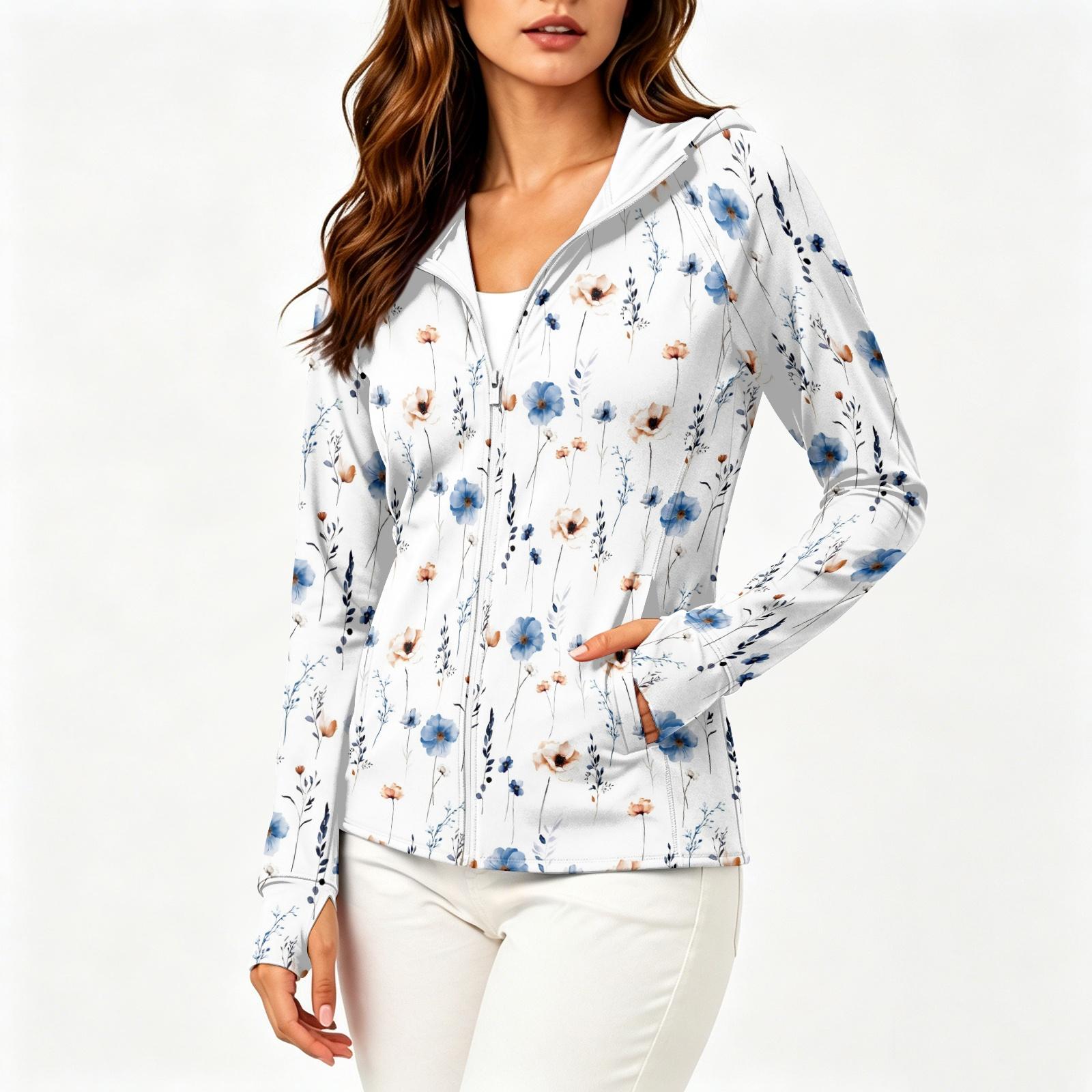 

Women s Lightweight Long Sleeve Zip Up Hoodie with Hood and Pockets Floral Print Sun Protection Jacket for Outdoor Activities M синий