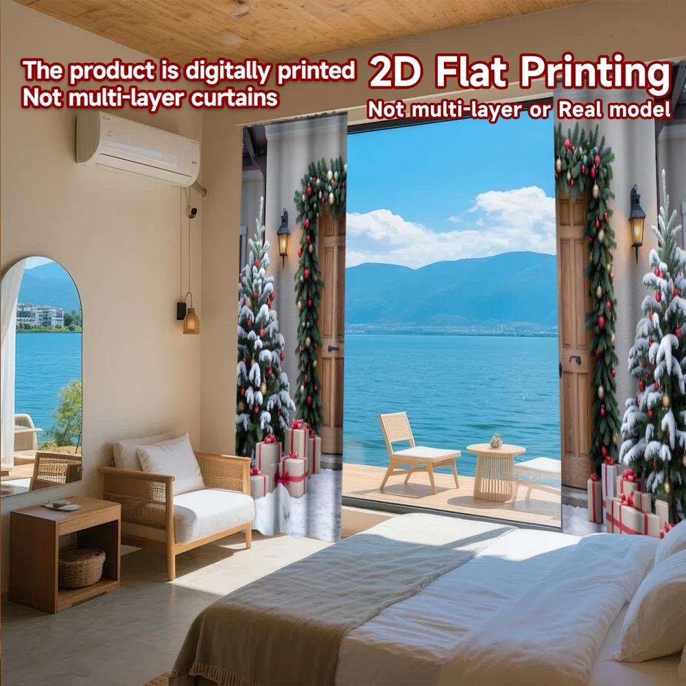 2pcs 2D flat printing Merry Christmas Curtains Country Christmas Versatile 100% Polyester Without Electricity Spring Party &