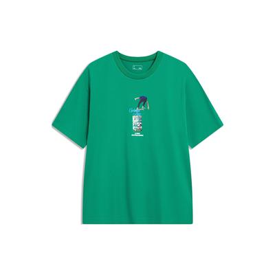 Li Ning Golden Era Cartoon Anime Print Loose Short Sleeve T-Shirt Unisex Tops Cool-Green AHST089-1