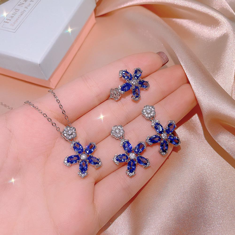 Luxury 3 Piece Sterling Silver Heart Cut Zircon Jewelry Engagement Ring Earrings Heart Pendant Women's Party Birthday Gift