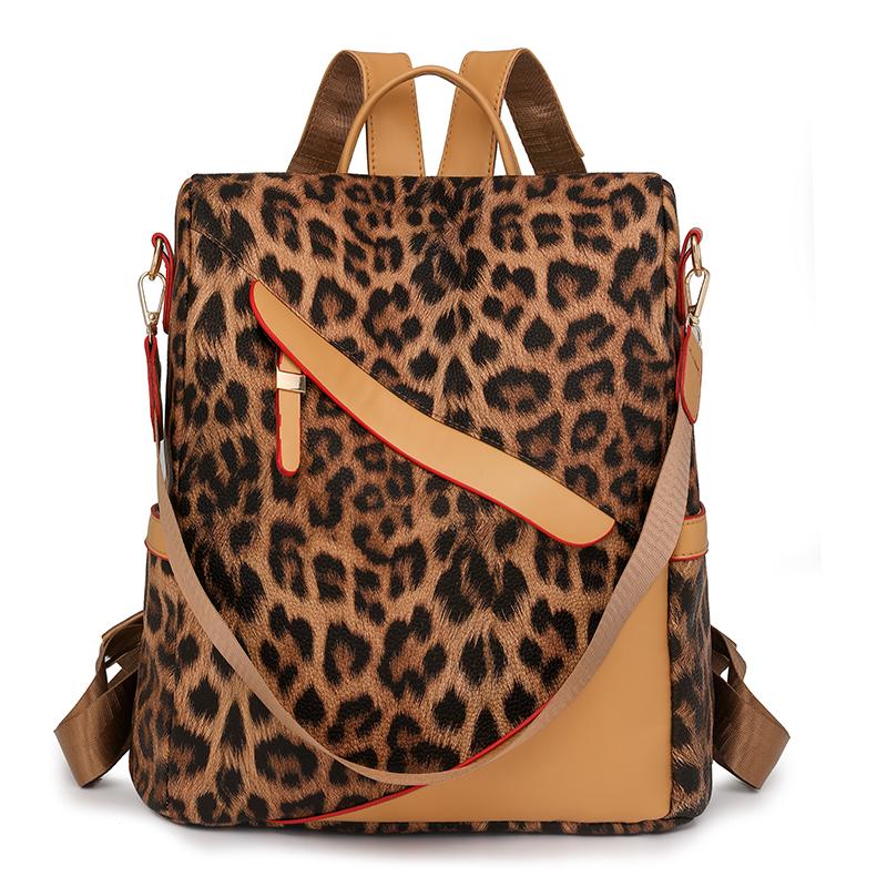 Damen Rucksack aus weichem Leder mit Diebstahlschutz, Mehrzweck-Schultertasche mit Leopardenmuster