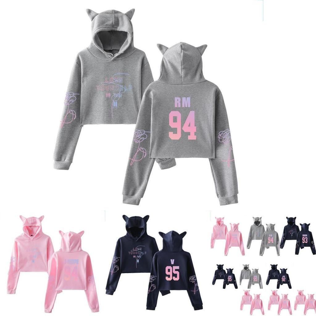 Kpop Bts Unisex  jung Kook Jimin 95 97 Hoodie Sweatshirt Cat Ears Crop Tops