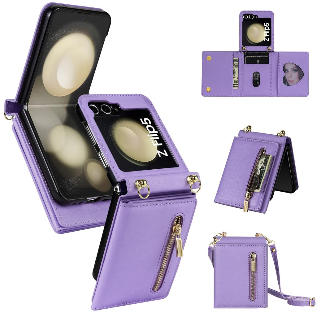 Crossbody Zipper Cards Solt Wallet Leather Case For Samsung Galaxy Z Flip 6 5 4 3 5G Flip6 Flip5 Triple Fold Pocket Purse Cover