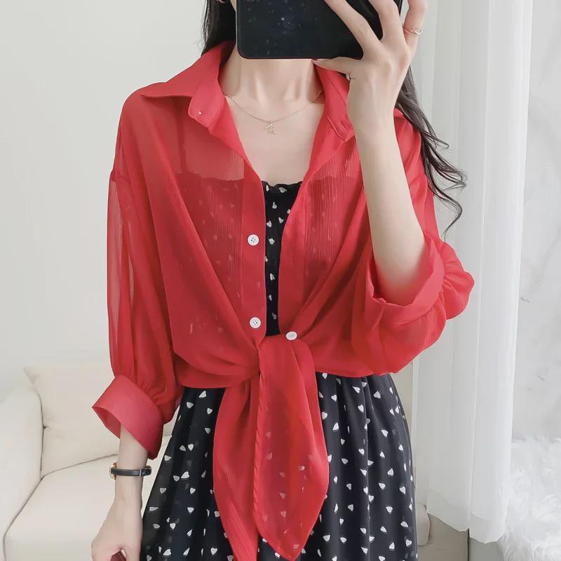 Chiffon Transparent Tulle Sunscreen Shirt - Women's Summer Shawl Tie-Up Short Casual Top