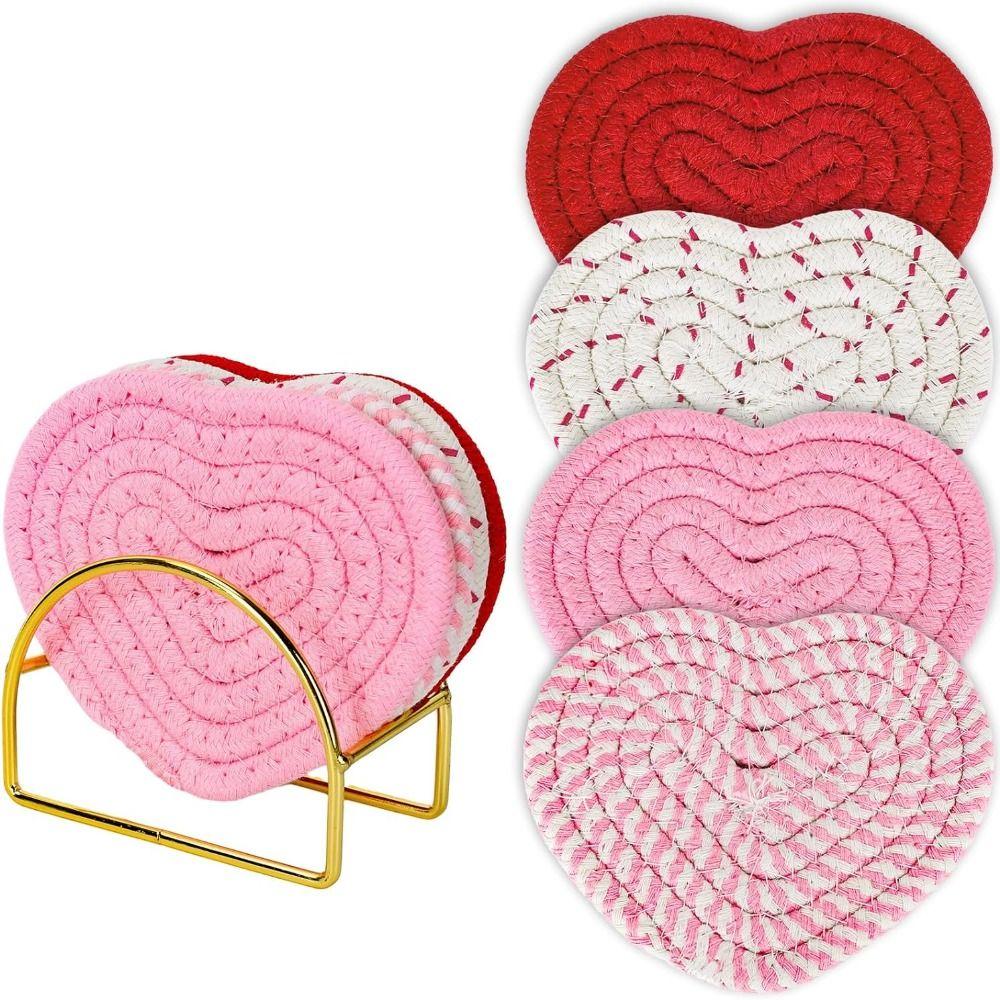 

4Pcs Anti Scalding Drink Coasters Cotton Thread Heart Coasters Set Heart Pads Home Decor белый/розовый