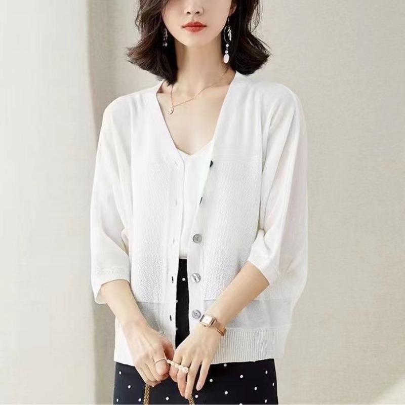Spring and summer ice silk sunscreen air conditioner shirt thin blouse large size fat mm seven-quarter sleeve outer knitted cardigan women's coat