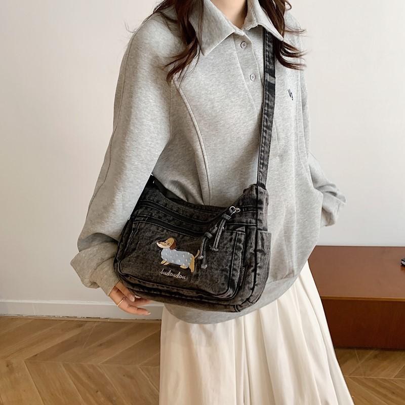 Denim Vintage Shoulder Bag Women Embroidered Cat Crossbody Bag