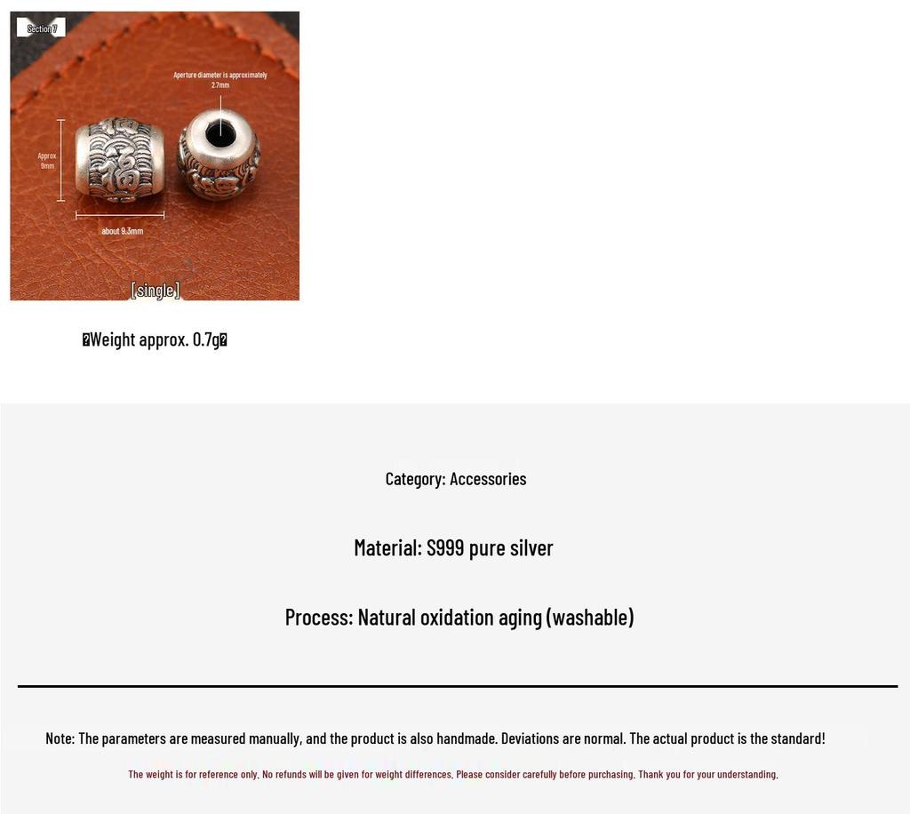 Ethnic-Style Sterling Silver S999 Fu Character Spacer Beads: Retro Barrel Ruyi Beads for DIY Lucky Silver Jewelry