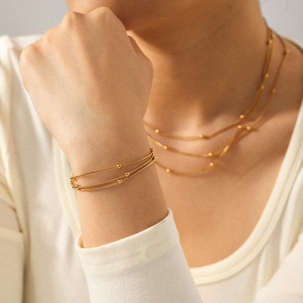 Euro-American style three-layer titanium steel necklace accessory for women, light luxury beaded chain
