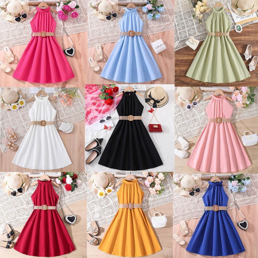 Barne Mote Halter Off-the-shoulder Prinsessekjole Sommer Jenter Søt Ermeløs Kjole