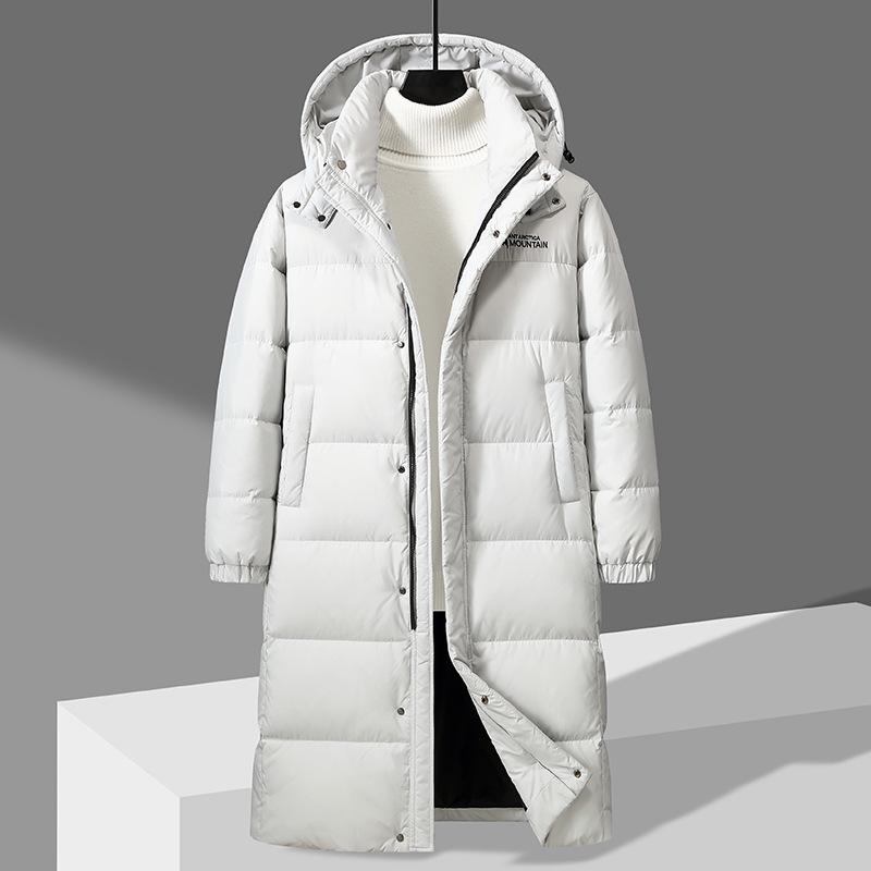Men's Trendy Hooded Mid-Length White Duck Down Jacket - Warm Winter Outerwear for Couples.