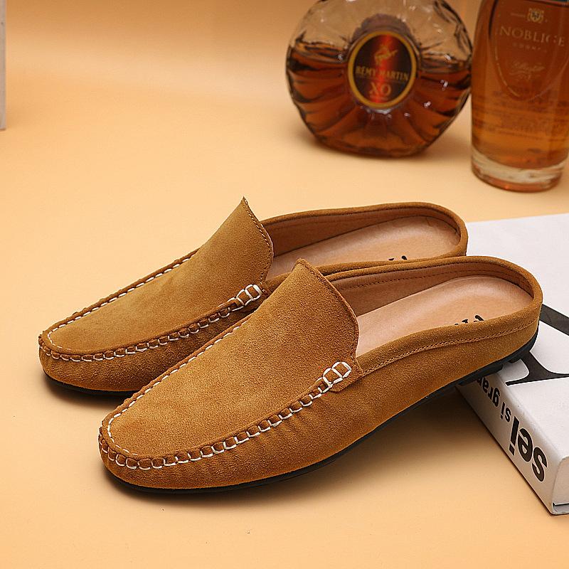 Fashion Summer Mules Suede Leather Half Shoes For Men Casual Mens Penny Loafers Slipper Slip On Flats Lazy Driving Shoes Man Moccasin
