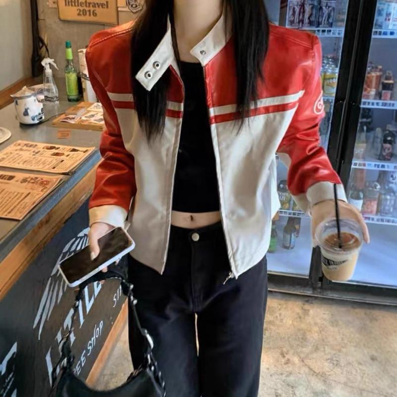 Hong Kong Style American Style Spring New Black and White Contrast Top Loose High Waist Motorcycle Baseball Uniform S