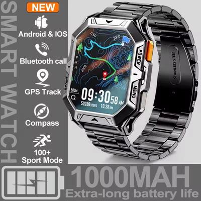 2025 New Men's Sports Smartwatch 1000mAh Ultra Durable GPS Tracker Compass 10ATM Waterproof Compass Bluetooth Call Smart Watch